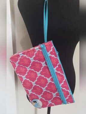 Women's Pink Patterned Wristlet with Turquoise Trim & Touchcreen Compatible Pock